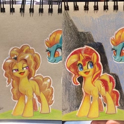 Size: 1080x1080 | Tagged: safe, artist:tsitra360, adagio dazzle, lightning dust, sunset shimmer, pony, unicorn, equestria girls, cute, shimmerbetes, traditional art