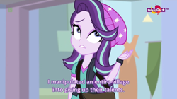 Size: 1366x766 | Tagged: safe, screencap, starlight glimmer, equestria girls, mirror magic, spoiler:eqg specials, beanie, clock, confession, glasses, hat, solo, subtitles, teletoon, watch