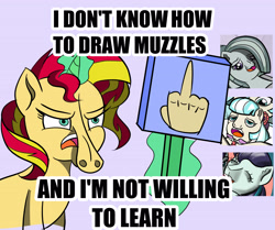 Size: 3551x2975 | Tagged: safe, artist:anotherpervert, coco pommel, coloratura, marble pie, sunset shimmer, pony, unicorn, 1000 hours in ms paint, glowing horn, magic, meme, middle finger, ms paint, nightmare fuel, self deprecation, sign, sunset is not willing to learn, telekinesis, text, vulgar