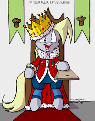 Size: 789x1000 | Tagged: safe, artist:tobibrocki, derpy hooves, pegasus, pony, clothes, crown, female, mare, solo, throne