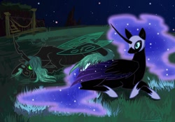 Size: 1024x713 | Tagged: safe, artist:exbesh, nightmare moon, queen chrysalis, alicorn, changeling, changeling queen, insect, pony, armor, bridge, fanart, female, grass, grass field, hair, helmet, horn, magic, mane, night, nightmare night, stars, wings