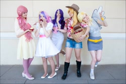 Size: 960x640 | Tagged: safe, artist:chou-kou, artist:scentless-flower, applejack, derpy hooves, fluttershy, rarity, sweetie belle, human, cosplay, irl, irl human, photo, vrnfest