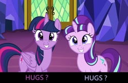 Size: 1280x828 | Tagged: safe, starlight glimmer, twilight sparkle, twilight sparkle (alicorn), alicorn, pony, unicorn, the cutie re-mark, bronybait, cute, duo, female, glimmerbetes, hug request, image macro, mare, meme, twiabetes