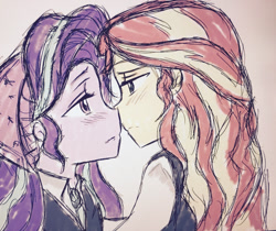 Size: 1280x1074 | Tagged: safe, artist:angeltorchic, starlight glimmer, sunset shimmer, equestria girls, mirror magic, spoiler:eqg specials, blushing, clothes, colored sketch, female, lesbian, looking at each other, shimmerglimmer, shipping