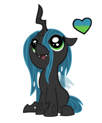 Size: 3319x4000 | Tagged: safe, artist:tateyfairrain, queen chrysalis, changeling, changeling queen, chibi, cute, cutealis, daaaaaaaaaaaw, female, floating heart, floppy ears, heart, hnnng, looking up, open mouth, simple background, sitting, smiling, solo, transparent background, vector