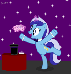 Size: 5765x5978 | Tagged: safe, artist:ironm17, derpibooru import, minuette, pinkie pie, rainbow dash, rarity, twilight sparkle, earth pony, pegasus, pony, unicorn, absurd resolution, bowtie, card, card trick, cylinder, female, jack of clubs, jack of hearts, magic, magic aura, magic trick, mare, playing card, queen of diamonds, queen of spades, solo, standing, standing on one leg, table, wand