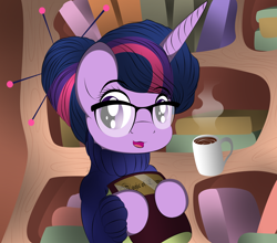 Size: 2056x1811 | Tagged: safe, artist:v-d-k, derpibooru import, twilight sparkle, pony, unicorn, alternate hairstyle, book, clothes, coffee, female, glasses, golden oaks library, hair bun, hoof hold, looking at you, mare, sweater