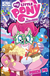 Size: 640x960 | Tagged: safe, idw, pinkie pie, earth pony, pony, ursa minor, balloon, candy apple (food), comic cover, corn, cotton candy, cover, female, food, glasses, ice cream, mare, popcorn, sandwich, soda, teddy bear, ursa plush