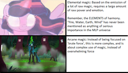 Size: 611x350 | Tagged: safe, edit, edited screencap, screencap, queen chrysalis, twilight sparkle, twilight sparkle (alicorn), alicorn, changeling, changeling queen, rainbow roadtrip, the beginning of the end, the mean 6, arcane magic, elemental magic, female, forest, runes, text, theory