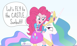 Size: 870x525 | Tagged: safe, artist:dm29, pinkie pie, princess celestia, equestria girls, celestia is not amused, don't call me sunbutt, duo, let's fly to the castle, riding, square crossover, sunbutt, this will end in tears and/or a journey to the moon, unamused