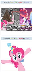 Size: 236x508 | Tagged: safe, artist:takua770, pinkie pie, rarity, earth pony, pony, unicorn, exploitable meme, hat, image macro, juxtaposition, juxtaposition win, konami, party hat, pyramid head, scythe, silent hill, simple background, vector, white background