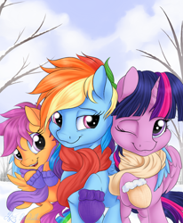 Size: 864x1050 | Tagged: safe, artist:nobody47, derpibooru import, rainbow dash, scootaloo, twilight sparkle, twilight sparkle (alicorn), alicorn, pegasus, pony, clothes, cute, female, horn, i'll always be here for you, lesbian, mittens, scarf, scootadoption, scootalove, shipping, smiling, twidash, wings, winter