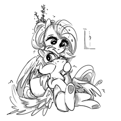 Size: 731x731 | Tagged: artist needed, source needed, safe, derpibooru import, fluttershy, rainbow dash, pegasus, pony, cheek squish, female, flower, flower in hair, flutterdash, lesbian, monochrome, shipping, sitting, spread wings, squishy cheeks, wings