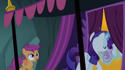 Size: 720x405 | Tagged: safe, screencap, rarity, scootaloo, pony, unicorn, duo, duo female, female, filly, mare