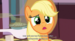 Size: 848x470 | Tagged: safe, screencap, applejack, earth pony, pony, spike at your service, female, mare, youtube caption