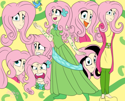 Size: 3150x2538 | Tagged: safe, artist:elactra02, fluttershy, bird, alternate hairstyle, clothes, dress, emoshy, flutterrage, gala dress, humanized