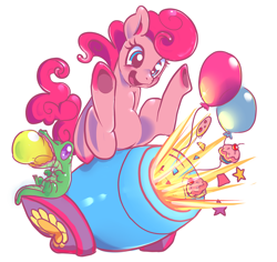 Size: 1112x1050 | Tagged: safe, artist:luvlymilk, gummy, pinkie pie, earth pony, pony, balloon, colored hooves, cupcake, partillery, party cannon, simple background, sitting, solo, stars, white background