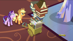 Size: 1920x1080 | Tagged: safe, screencap, applejack, starlight glimmer, earth pony, pony, every little thing she does, book, carpet, cart, duo, gritted teeth, nervous, twilight's castle