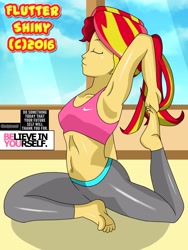 Size: 1920x2560 | Tagged: safe, artist:swagalicious-tony, sunset shimmer, equestria girls, armpits, barefoot, belly button, clothes, eyes closed, feet, midriff, nike, older, solo, sports bra, stretching, tight clothing, wide hips, yoga, yoga pants