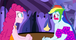 Size: 1200x638 | Tagged: safe, artist:ktd1993, derpibooru import, pinkie pie, rainbow dash, equestria girls, blushing, clothes, female, lesbian, looking at each other, pinkiedash, shipping, smiling