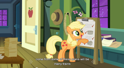 Size: 848x472 | Tagged: safe, screencap, applejack, earth pony, pony, apple family reunion, female, mare, youtube caption