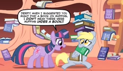 Size: 1000x578 | Tagged: safe, artist:shuffle001, derpy hooves, twilight sparkle, pegasus, pony, book, female, library, mare, muffin, pun