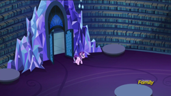 Size: 1920x1080 | Tagged: safe, screencap, starlight glimmer, pony, unicorn, every little thing she does, bird's eye view, book, bookshelf, door, female, library, mare, solo, twilight's castle, twilight's castle library