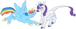 Size: 1873x727 | Tagged: safe, artist:jaspering, derpibooru import, rainbow dash, rarity, classical unicorn, pegasus, pony, unicorn, female, heart, leonine tail, lesbian, looking at each other, mare, raridash, shipping, simple background, smiling, starry eyes, transparent background, unshorn fetlocks, wingding eyes