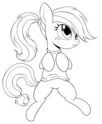 Size: 821x1000 | Tagged: safe, artist:kas92, artist:xn-d, applejack, earth pony, pony, alternate hairstyle, clothes, featureless crotch, female, lineart, mare, monochrome, on back, ponytail, scrunchy face, simple background, sketch, solo, sweater, white background