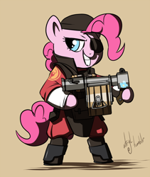 Size: 900x1064 | Tagged: safe, artist:atryl, pinkie pie, pony, bipedal, cosplay, demoman, demopie, eyepatch, solo, team fortress 2