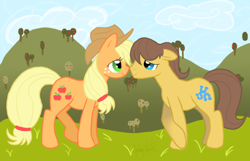 Size: 900x579 | Tagged: safe, artist:badkittyxx, applejack, caramel, earth pony, pony, carajack, female, male, shipping, straight