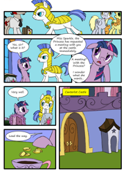 Size: 762x1048 | Tagged: safe, artist:lazingabout94, carrot top, derpy hooves, golden harvest, twilight sparkle, pegasus, pony, comic, female, mare, royal guard