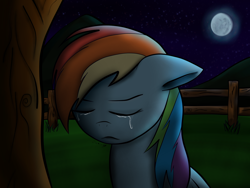 Size: 1600x1200 | Tagged: safe, artist:jacsveus, derpibooru import, rainbow dash, pegasus, pony, crying, fence, moon, night, sad, solo, tree