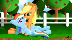 Size: 1024x576 | Tagged: safe, artist:shadowninja976, derpibooru import, applejack, rainbow dash, earth pony, pegasus, pony, appledash, bedroom eyes, female, lesbian, shipping, sweet apple acres