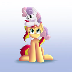 Size: 2100x2100 | Tagged: safe, artist:vanillaghosties, sunset shimmer, sweetie belle, pony, unicorn, cute, diasweetes, open mouth, piggyback ride, simple background, sitting