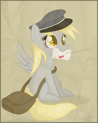 Size: 2244x2785 | Tagged: safe, artist:balloons504, derpy hooves, pegasus, pony, cute, female, hat, mail, mare, mouth hold, solo