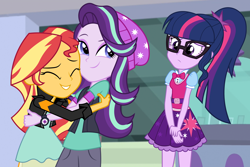 Size: 6000x4000 | Tagged: safe, artist:spottedlions, sci-twi, starlight glimmer, sunset shimmer, twilight sparkle, equestria girls, mirror magic, spoiler:eqg specials, absurd resolution, beanie, clothes, eyes closed, female, glasses, hat, hug, jealous, lesbian, pants, ponytail, shimmerglimmer, shipping, shirt, skirt, smiling, trio