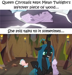 Size: 1921x1991 | Tagged: safe, edit, edited screencap, editor:leonidus, screencap, cozy glow, mean twilight sparkle, queen chrysalis, twilog, changeling, changeling queen, pegasus, pony, frenemies (episode), the mean 6, captain obvious, cave, cropped, dead, fainted, female, filly, funny, implied insanity, logo, meme, moss, rock, shrug, stalagmite, text, torch, wood