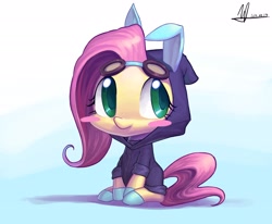 Size: 2760x2275 | Tagged: safe, artist:jggjqm522, fluttershy, pegasus, pony, blushing, bunny ears, chibi, clothes, cute, dangerous mission outfit, female, goggles, hoodie, mare, solo