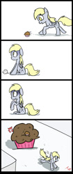 Size: 400x954 | Tagged: safe, artist:taco-slayer, derpy hooves, pegasus, pony, comic, female, giant muffin, mare, muffin, scared