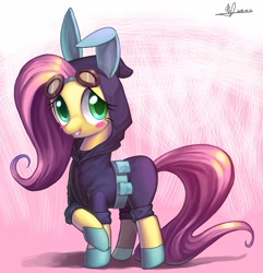 Size: 3525x3664 | Tagged: safe, artist:jggjqm522, fluttershy, pegasus, pony, blushing, bunny ears, clothes, cute, dangerous mission outfit, female, goggles, hoodie, looking at you, mare, smiling, solo