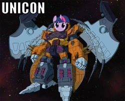 Size: 600x482 | Tagged: safe, derpibooru import, twilight sparkle, unicorn, faic, pun, smirk, space, special face, transformers, twiface, unicon, unicorn-unicron confusion, unicron