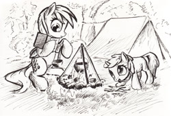 Size: 1667x1130 | Tagged: safe, artist:mcstalins, derpy hooves, dinky hooves, pegasus, pony, book, camping, female, fire, ladle, mare, monochrome, pot, tent, traditional art