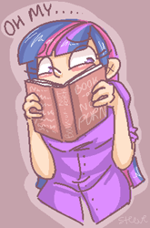 Size: 263x398 | Tagged: safe, artist:steeve, derpibooru import, twilight sparkle, blushing, book, humanized, not porn, oh my, solo, talking, wide eyes