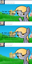 Size: 600x1200 | Tagged: safe, artist:cell, derpy hooves, pegasus, pony, ask, comic, female, flash, frown, mare, music, sad, shadow, shiny, smiling