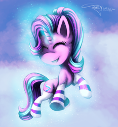 Size: 1862x2001 | Tagged: safe, artist:ferasor, starlight glimmer, pony, unicorn, clothes, cute, eyes closed, female, floating, glimmerbetes, happy, magic, mare, signature, smiling, socks, solo, stockings, striped socks