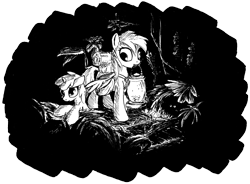 Size: 2257x1665 | Tagged: safe, artist:mcstalins, derpy hooves, dinky hooves, pegasus, pony, backpack, black and white, dark, eyes in the dark, female, forest, glow, grayscale, lantern, mare, monochrome, mouth hold, traditional art