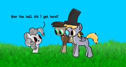 Size: 1045x555 | Tagged: safe, artist:cell, derpy hooves, doctor whooves, pegasus, pony, albino pie, big eyes, bowtie, cute, dialogue, eleventh doctor, fancy, female, hat, mare, monocle, top hat, wat