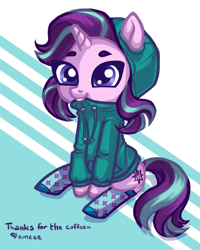 Size: 759x950 | Tagged: safe, artist:mcponyponypony, starlight glimmer, pony, unicorn, abstract background, biting, clothes, cute, glimmerbetes, hoodie, kneesocks, socks, solo