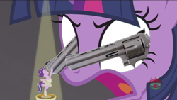 Size: 1280x720 | Tagged: safe, edit, edited screencap, screencap, starlight glimmer, twilight sparkle, twilight sparkle (alicorn), alicorn, pony, a royal problem, ballerina, clothes, delet this, dream, glimmerina, gun, handgun, revolver, treehouse logo, tutu, wat, weapon